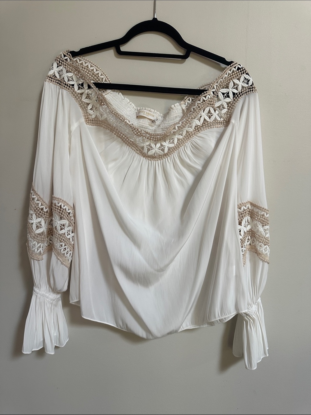 Ramy Brook White Off-Shoulder Blouse with Beige Crochet Trim